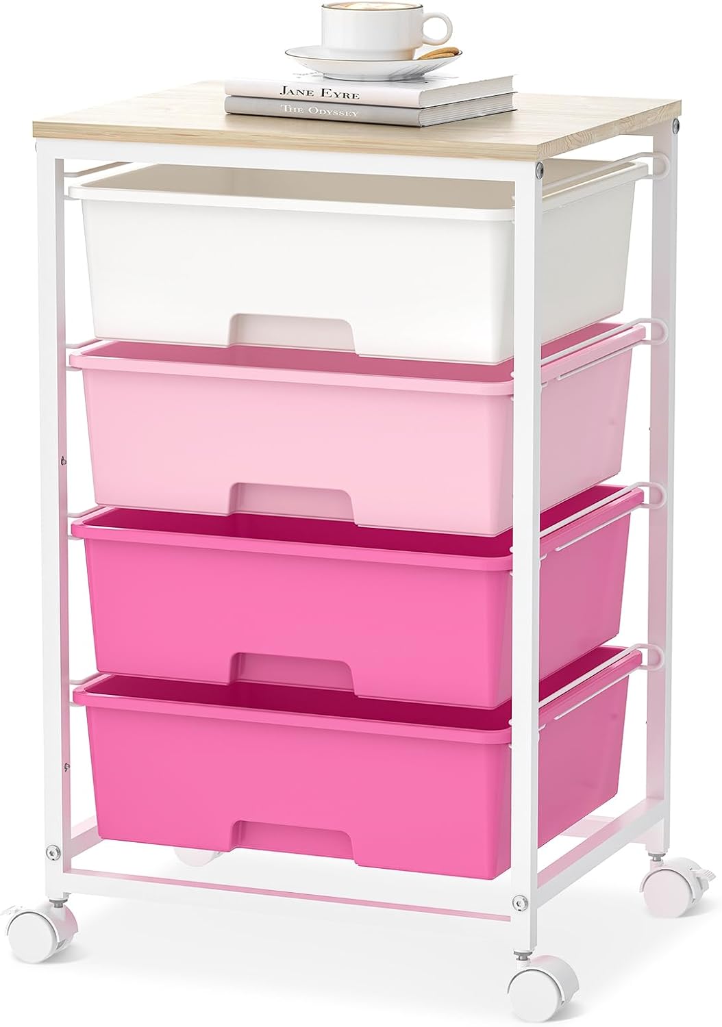 4-Drawer Rolling Cart, White Storage Cart with Wooden Tabletop & Lockable Wheels