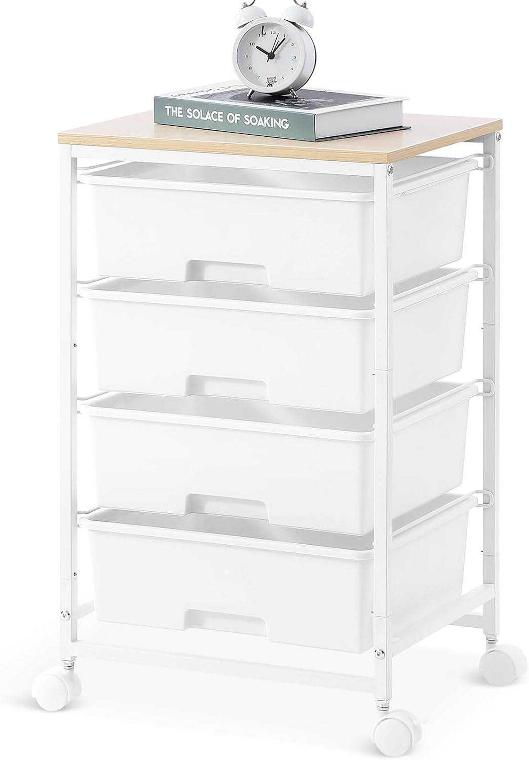 4-Drawer Rolling Cart, White Storage Cart with Wooden Tabletop & Lockable Wheels