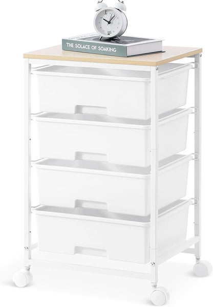4-Drawer Rolling Cart, White Storage Cart with Wooden Tabletop & Lockable Wheels