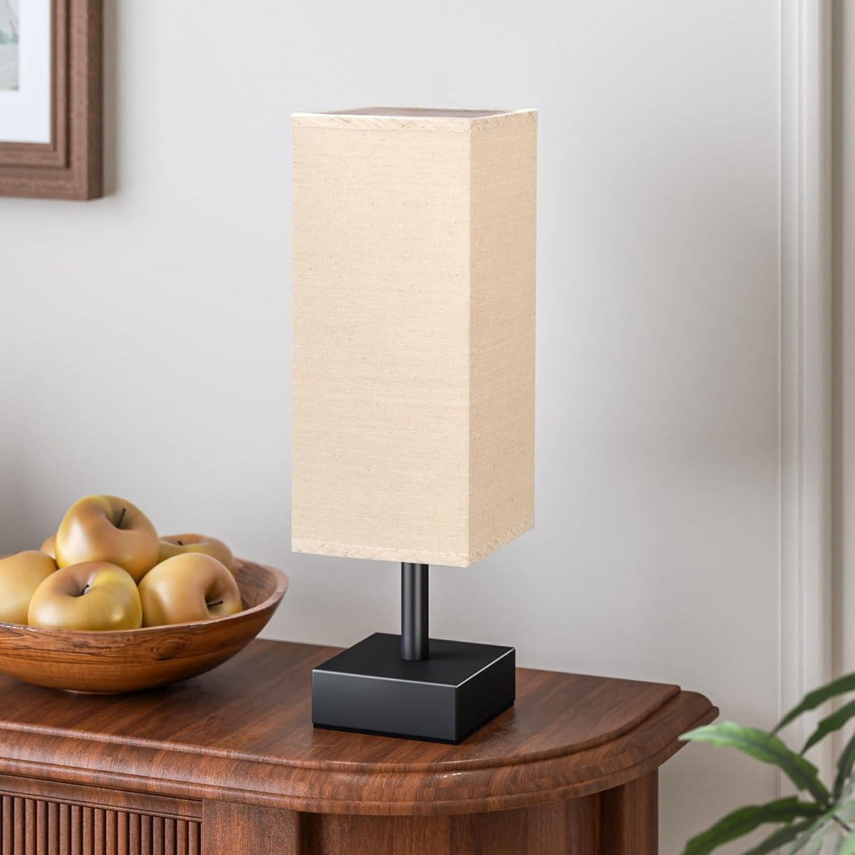 Small Bedside Table Lamp with Square Cream Fabric Shade, Inline Rocker Switch, 12.8"H