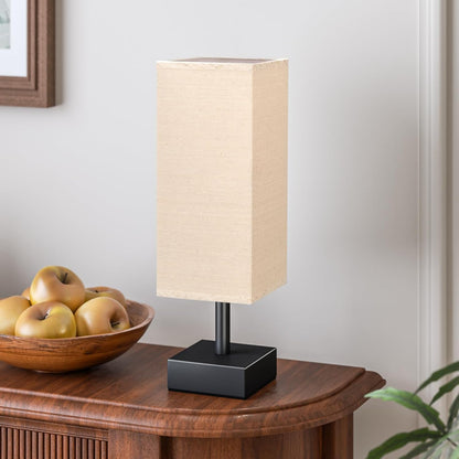 Small Bedside Table Lamp with Square Cream Fabric Shade, Inline Rocker Switch, 12.8"H