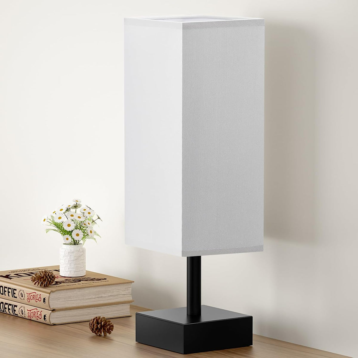 Small Bedside Table Lamp with Square Cream Fabric Shade, Inline Rocker Switch, 12.8"H