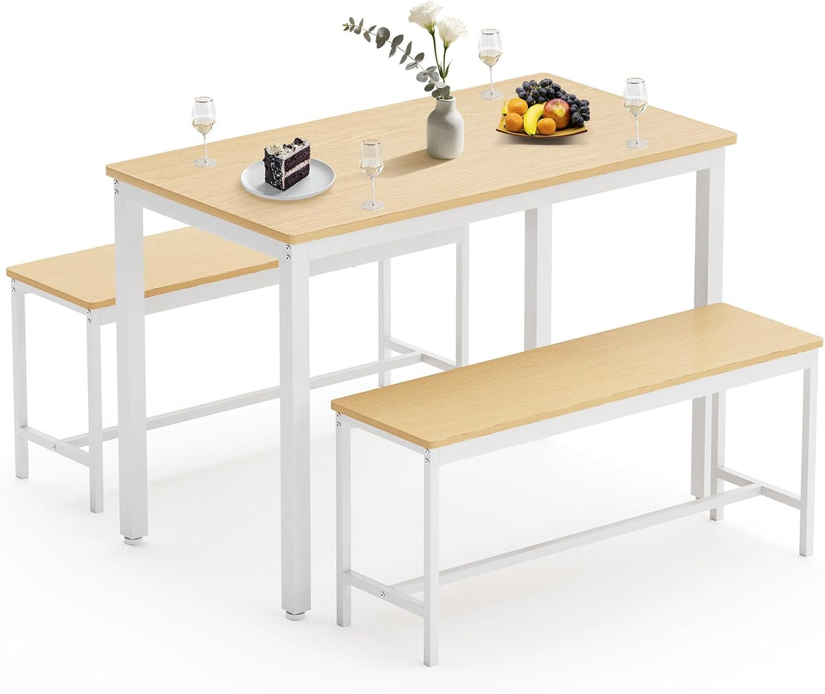 Dining Table Set for 4 with 2 Benches, Space-Saving Kitchen & Breakfast Table, Adjustable Feet, Brown
