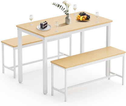 Dining Table Set for 4 with 2 Benches, Space-Saving Kitchen & Breakfast Table, Adjustable Feet, Brown