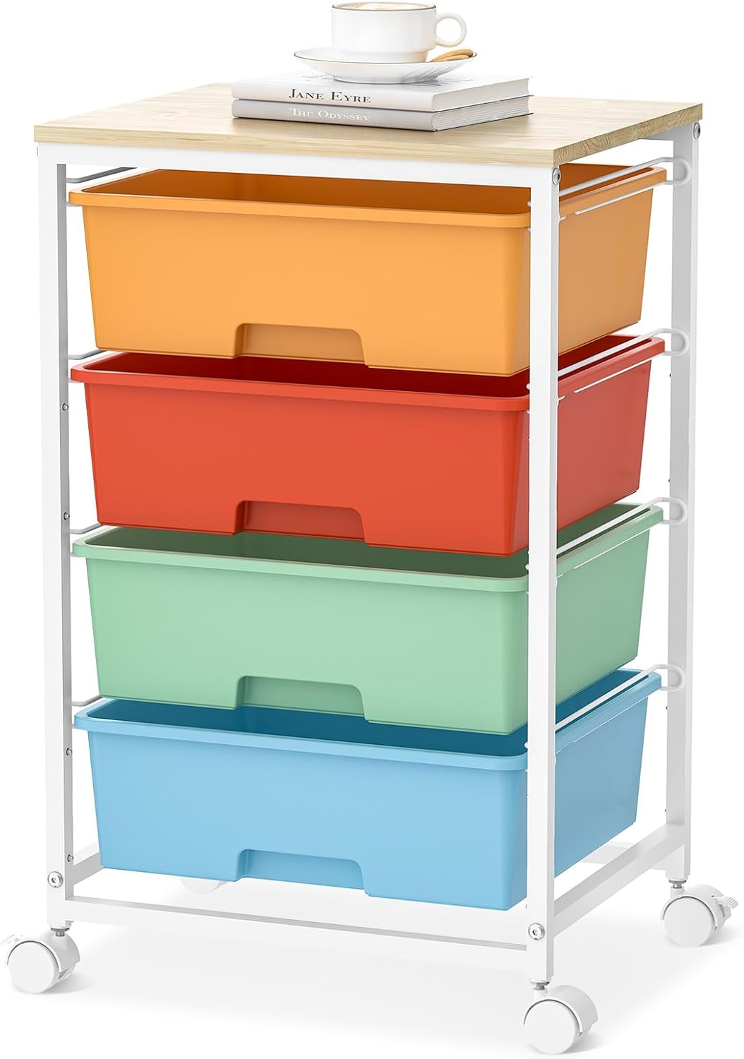 4-Drawer Rolling Cart, White Storage Cart with Wooden Tabletop & Lockable Wheels