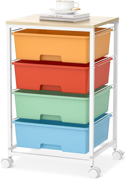 4-Drawer Rolling Cart, White Storage Cart with Wooden Tabletop & Lockable Wheels
