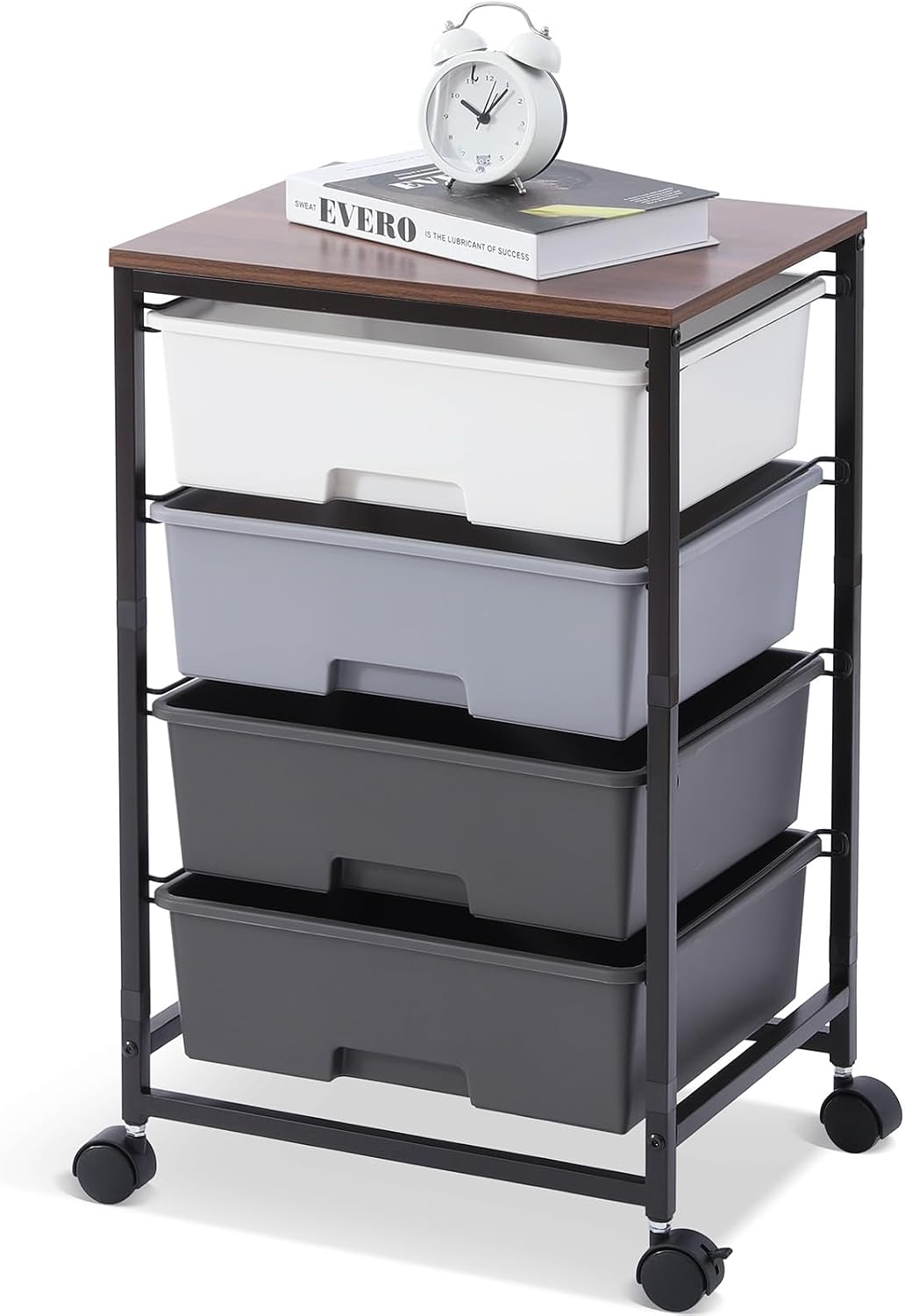 4-Drawer Rolling Cart, White Storage Cart with Wooden Tabletop & Lockable Wheels