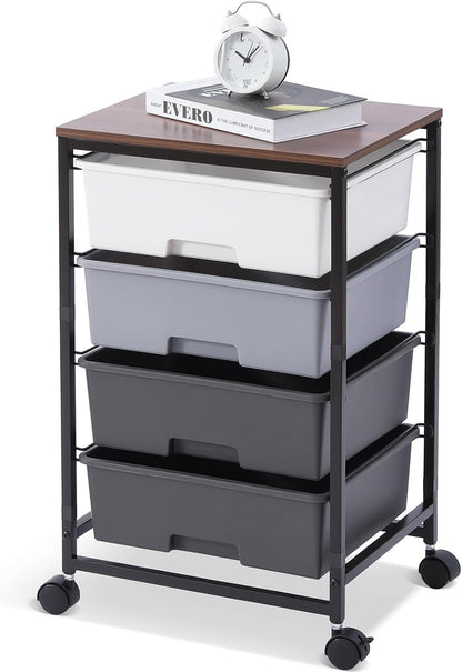 4-Drawer Rolling Cart, White Storage Cart with Wooden Tabletop & Lockable Wheels