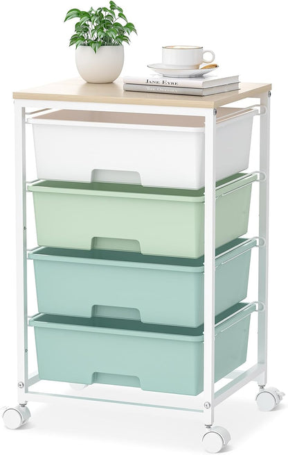 4-Drawer Rolling Cart, White Storage Cart with Wooden Tabletop & Lockable Wheels