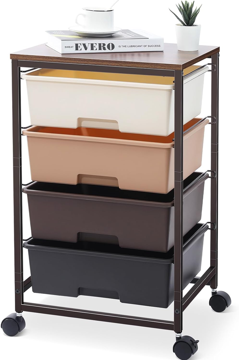 4-Drawer Rolling Cart, White Storage Cart with Wooden Tabletop & Lockable Wheels