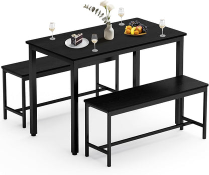 Dining Table Set for 4 with 2 Benches, Space-Saving Kitchen & Breakfast Table, Adjustable Feet, Brown