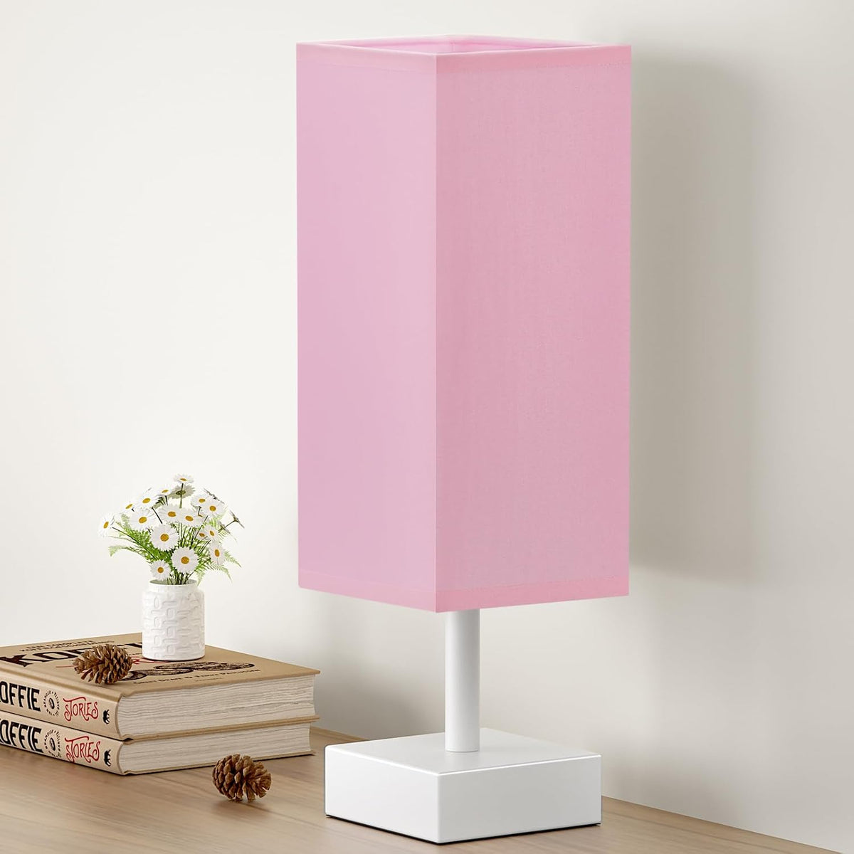 Small Bedside Table Lamp with Square Cream Fabric Shade, Inline Rocker Switch, 12.8"H