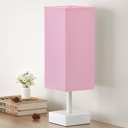 Small Bedside Table Lamp with Square Cream Fabric Shade, Inline Rocker Switch, 12.8"H