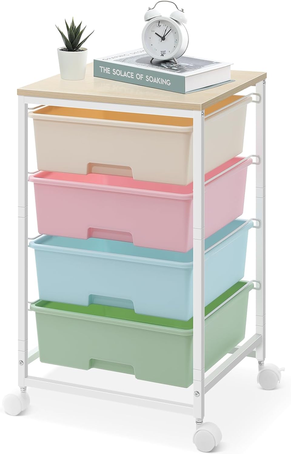 4-Drawer Rolling Cart, White Storage Cart with Wooden Tabletop & Lockable Wheels