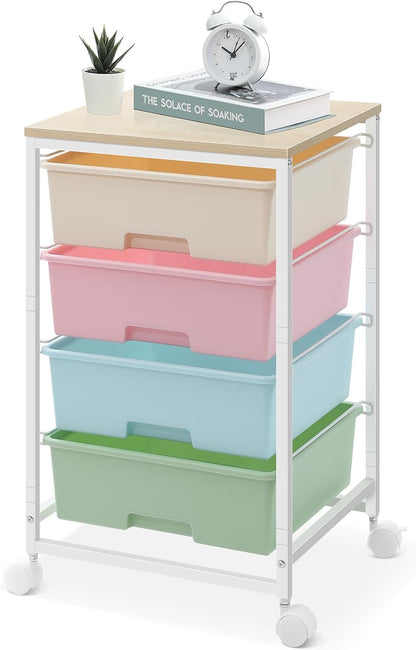 4-Drawer Rolling Cart, White Storage Cart with Wooden Tabletop & Lockable Wheels