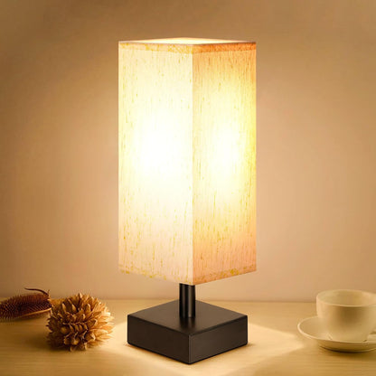 Small Bedside Table Lamp with Square Cream Fabric Shade, Inline Rocker Switch, 12.8"H
