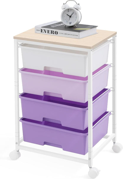 4-Drawer Rolling Cart, White Storage Cart with Wooden Tabletop & Lockable Wheels