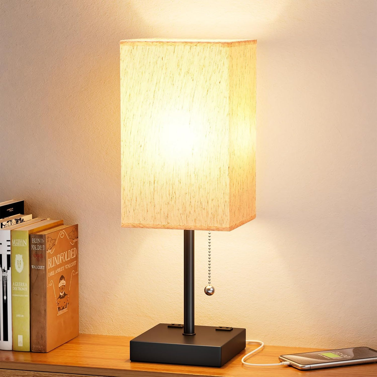 Small Bedside Table Lamp with Square Cream Fabric Shade, Inline Rocker Switch, 12.8"H