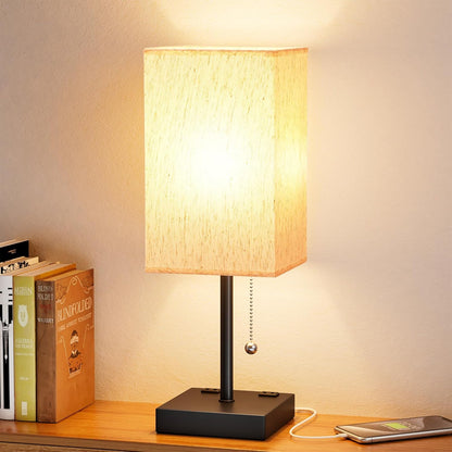 Small Bedside Table Lamp with Square Cream Fabric Shade, Inline Rocker Switch, 12.8"H