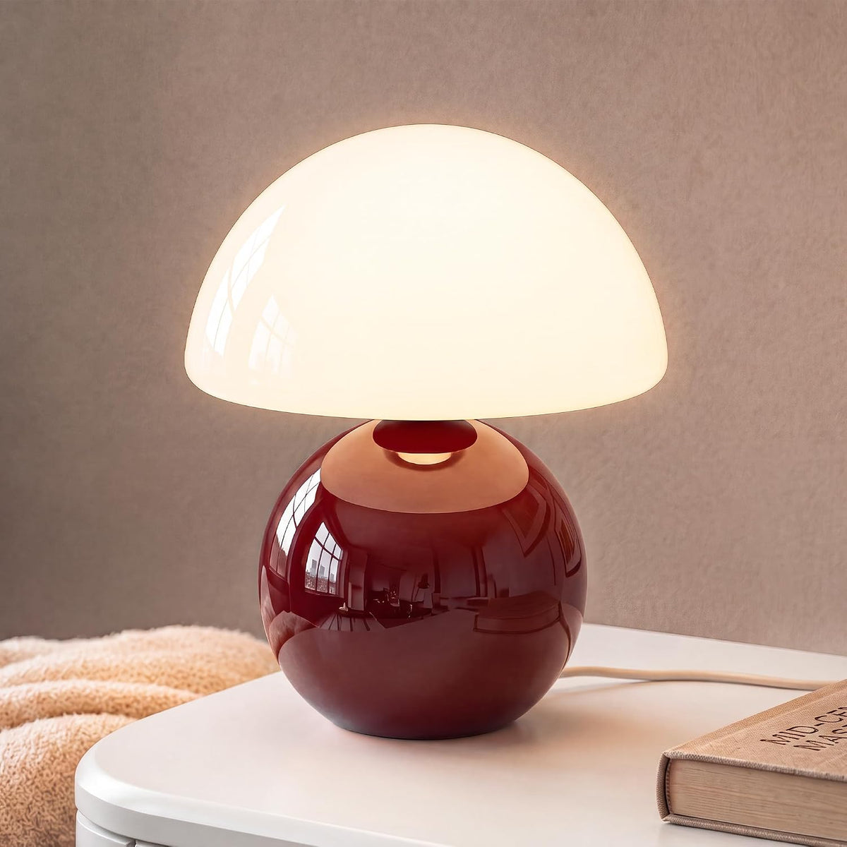 Mushroom Table Lamp for Bedroom, White Ceramic & Glass Shade, 8.7" Mid-Century Modern Decor