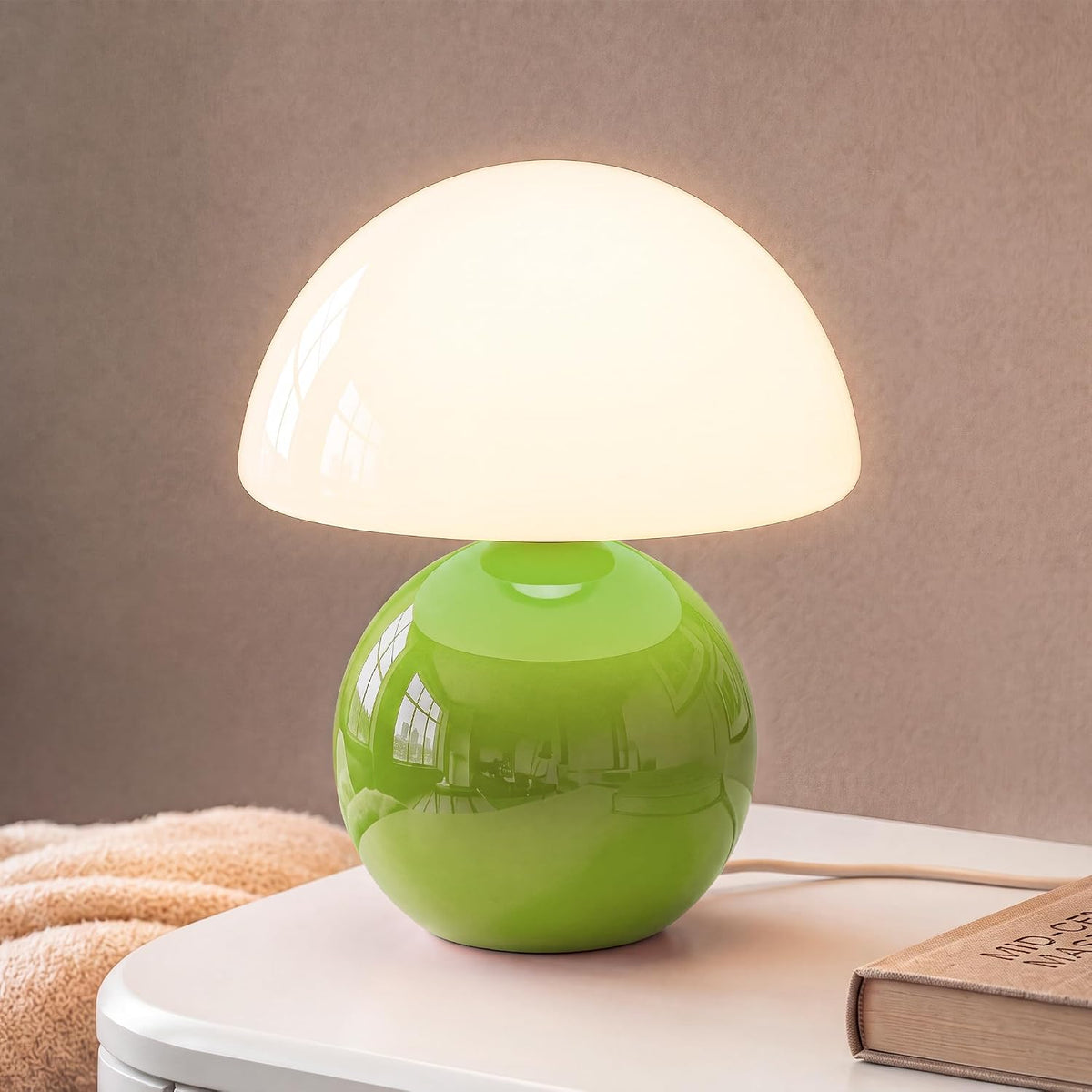 Mushroom Table Lamp for Bedroom, White Ceramic & Glass Shade, 8.7" Mid-Century Modern Decor