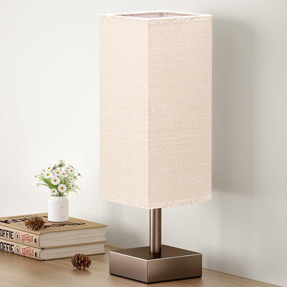 Small Bedside Table Lamp with Square Cream Fabric Shade, Inline Rocker Switch, 12.8"H
