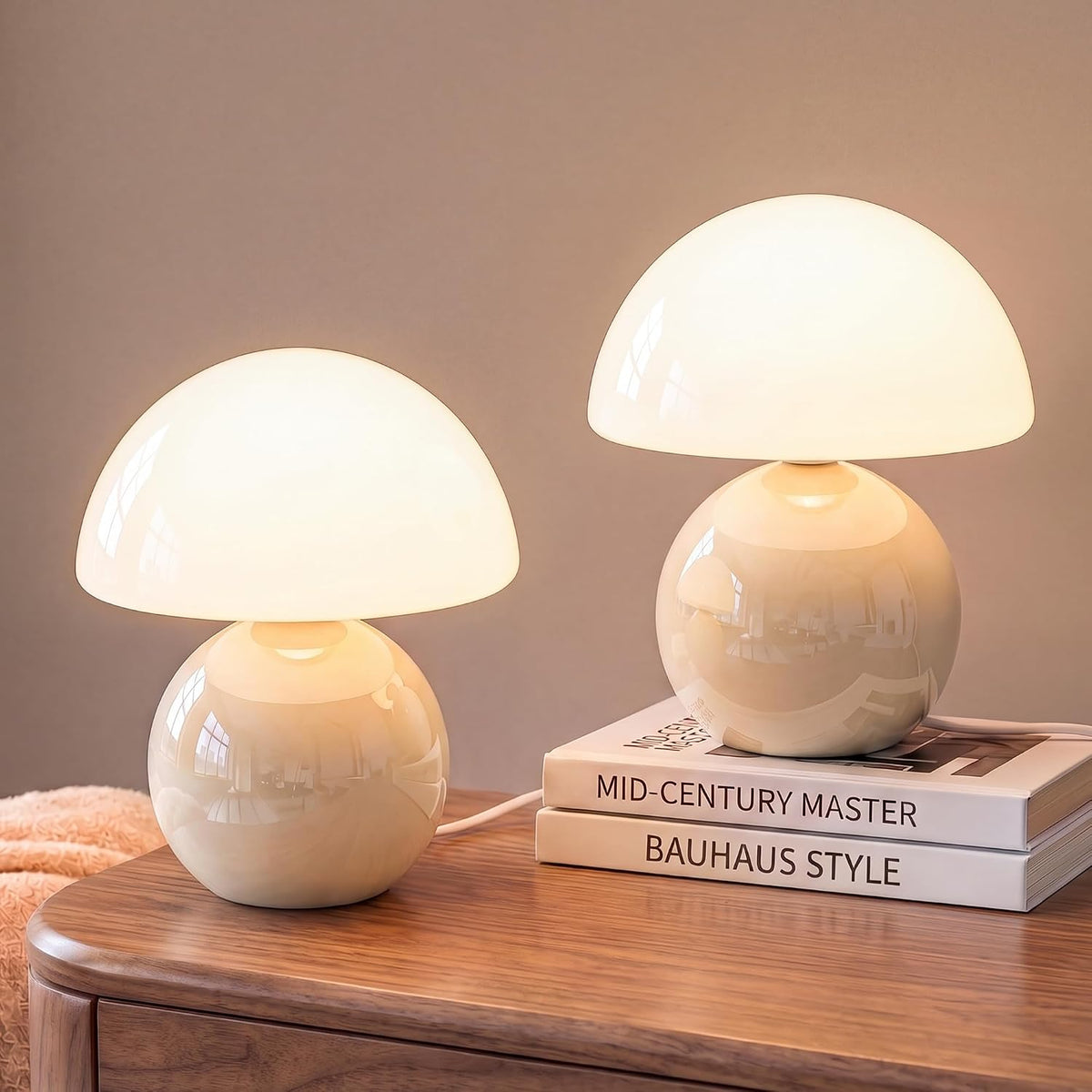 Mushroom Table Lamp for Bedroom, White Ceramic & Glass Shade, 8.7" Mid-Century Modern Decor