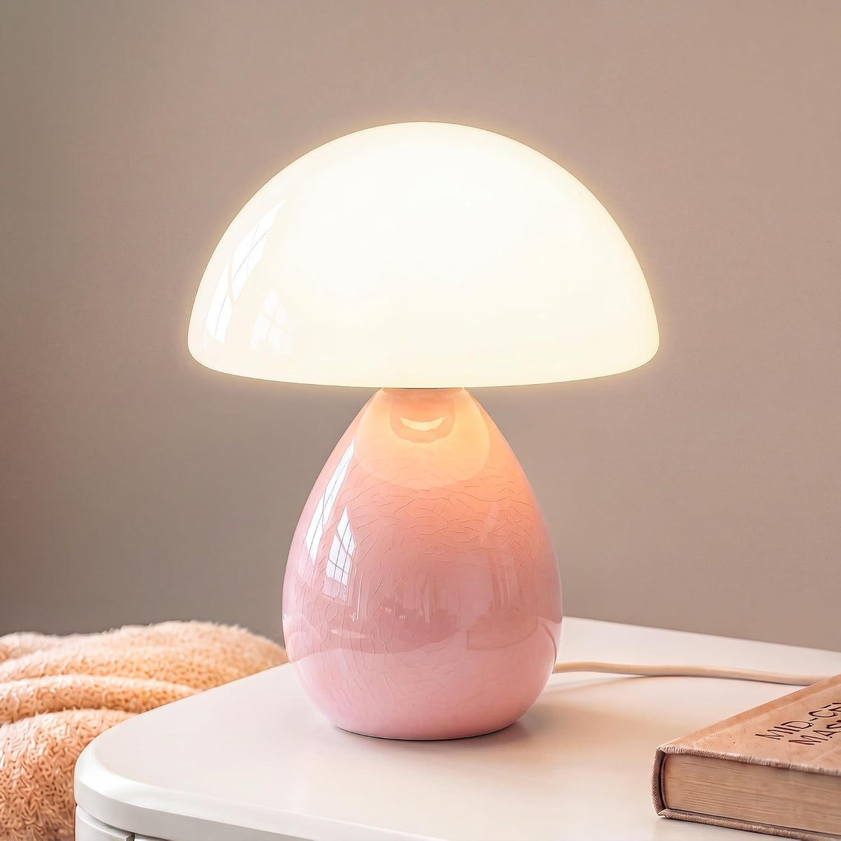 Mushroom Table Lamp for Bedroom, White Ceramic & Glass Shade, 8.7" Mid-Century Modern Decor