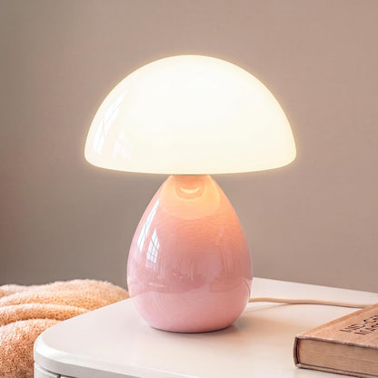 Mushroom Table Lamp for Bedroom, White Ceramic & Glass Shade, 8.7" Mid-Century Modern Decor