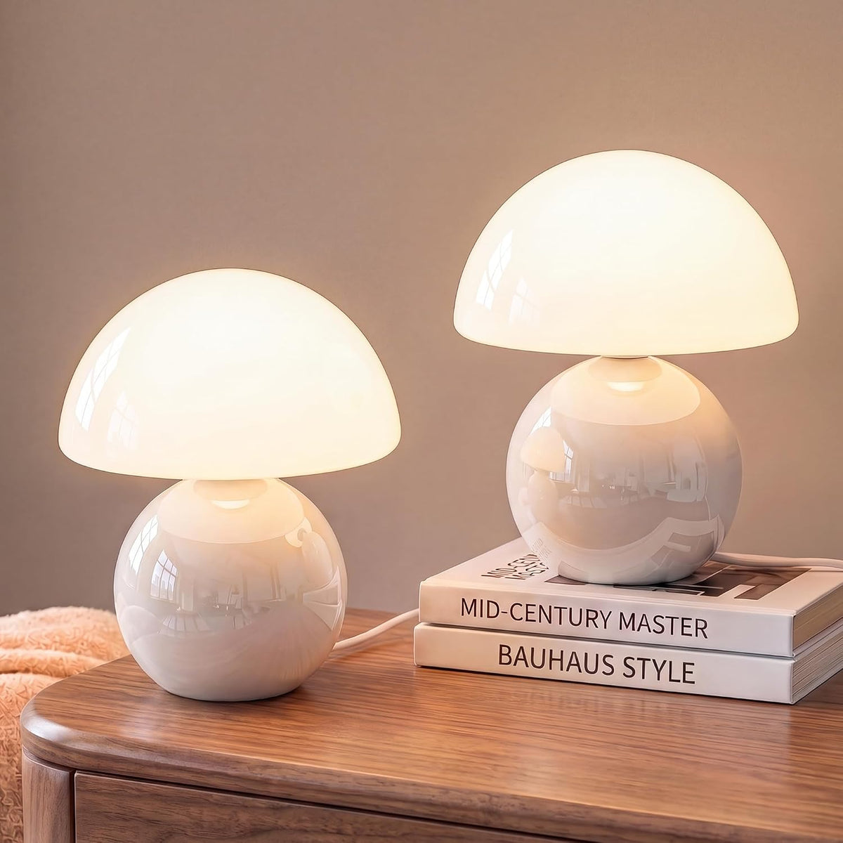 Mushroom Table Lamp for Bedroom, White Ceramic & Glass Shade, 8.7" Mid-Century Modern Decor