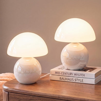 Mushroom Table Lamp for Bedroom, White Ceramic & Glass Shade, 8.7" Mid-Century Modern Decor
