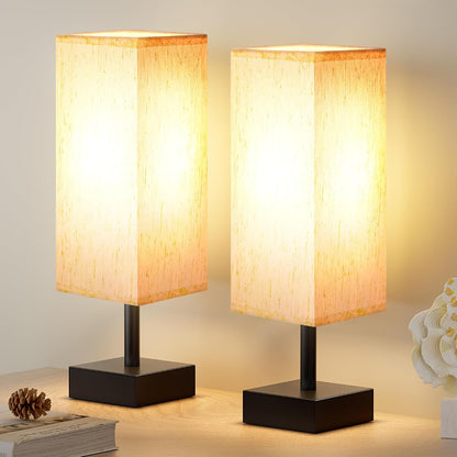 Small Bedside Table Lamp with Square Cream Fabric Shade, Inline Rocker Switch, 12.8"H
