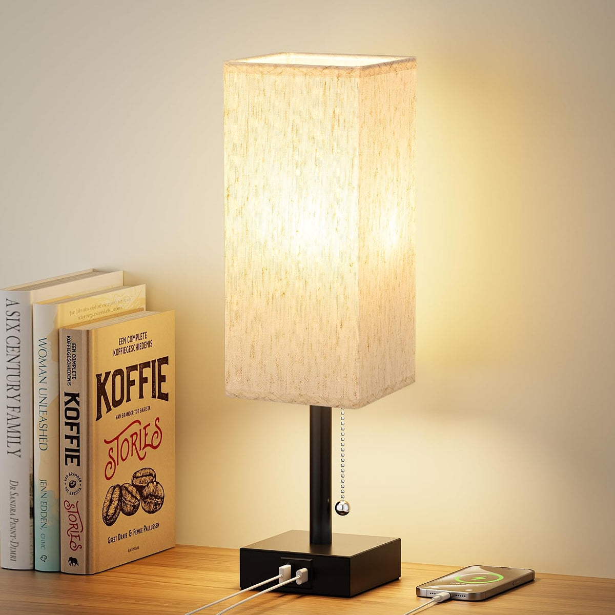 Small Bedside Table Lamp with Square Cream Fabric Shade, Inline Rocker Switch, 12.8"H
