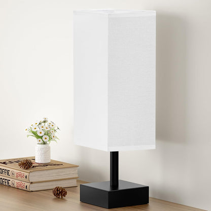 Small Bedside Table Lamp with Square Cream Fabric Shade, Inline Rocker Switch, 12.8"H
