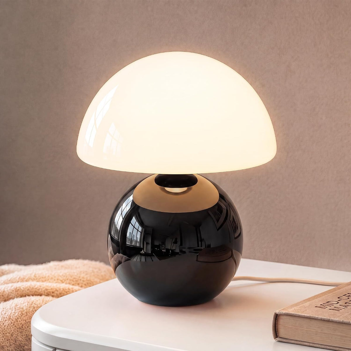 Mushroom Table Lamp for Bedroom, White Ceramic & Glass Shade, 8.7" Mid-Century Modern Decor