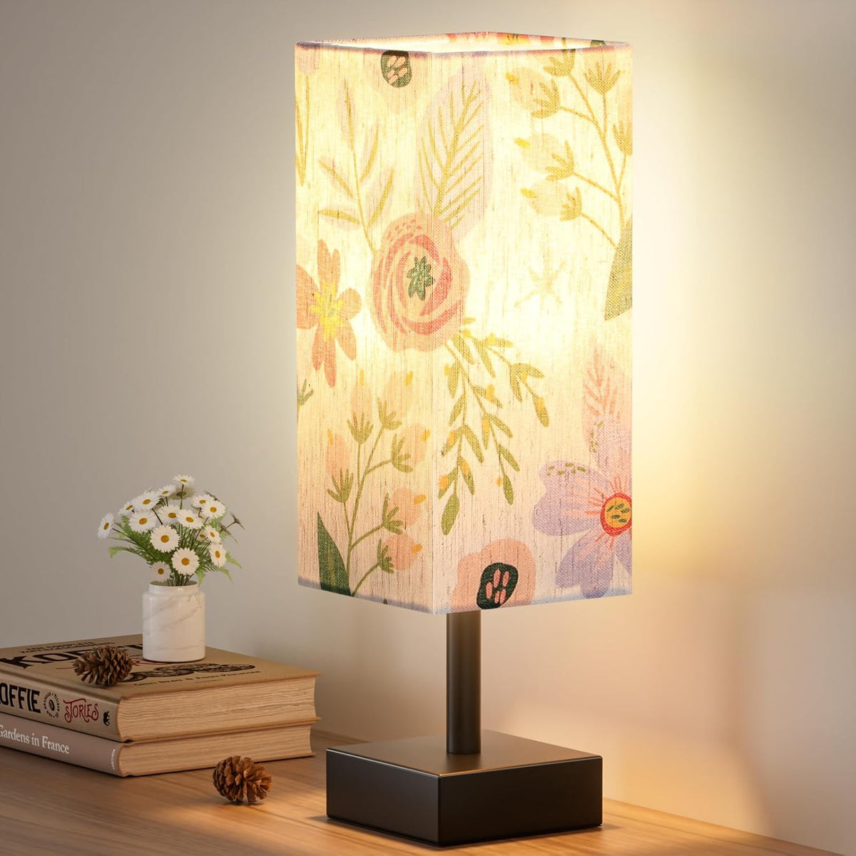 Small Bedside Table Lamp with Square Cream Fabric Shade, Inline Rocker Switch, 12.8"H