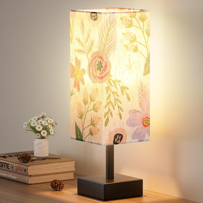 Small Bedside Table Lamp with Square Cream Fabric Shade, Inline Rocker Switch, 12.8"H