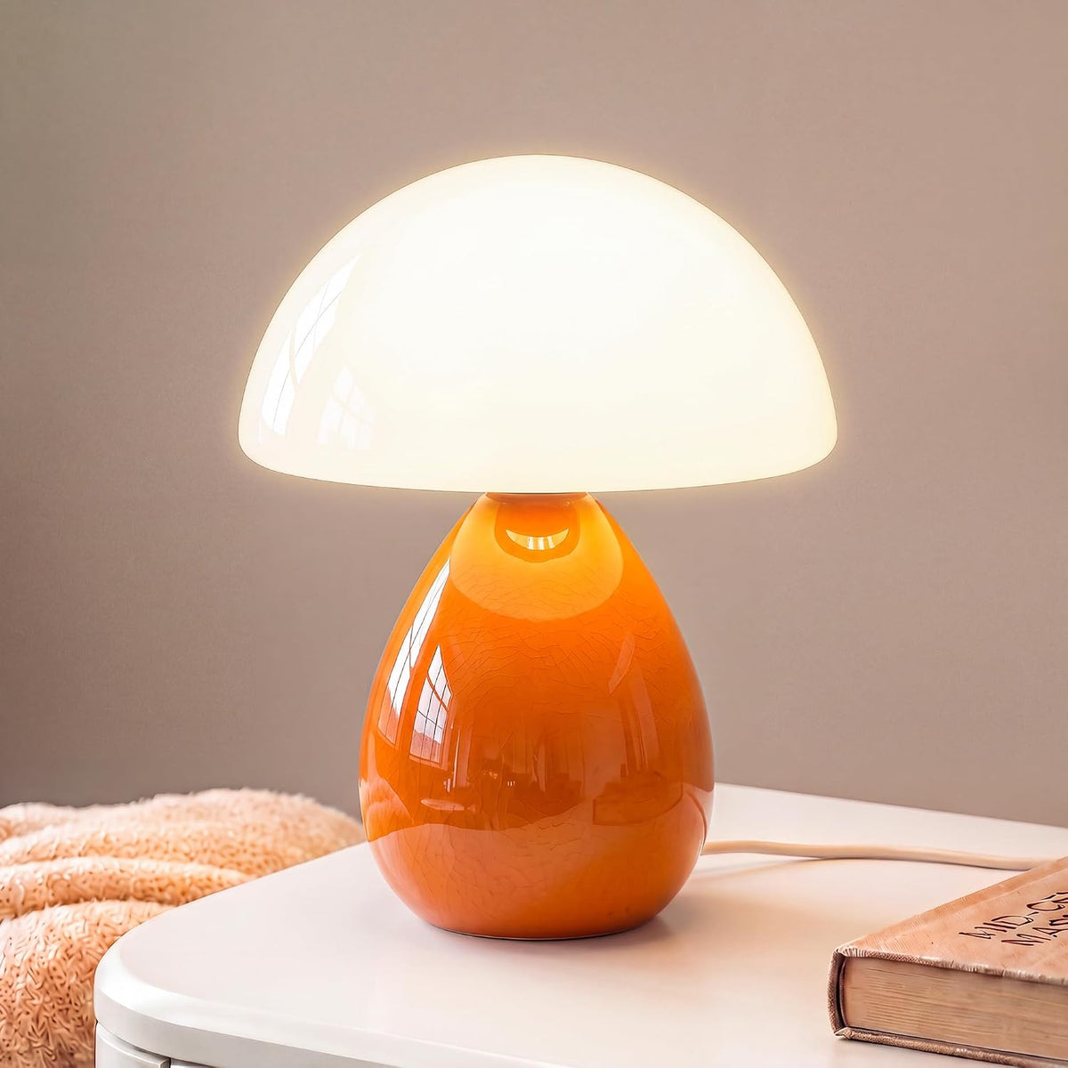 Mushroom Table Lamp for Bedroom, White Ceramic & Glass Shade, 8.7" Mid-Century Modern Decor