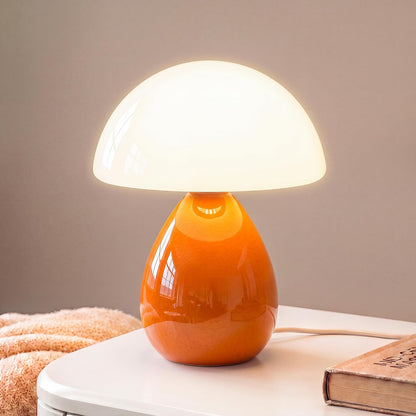 Mushroom Table Lamp for Bedroom, White Ceramic & Glass Shade, 8.7" Mid-Century Modern Decor