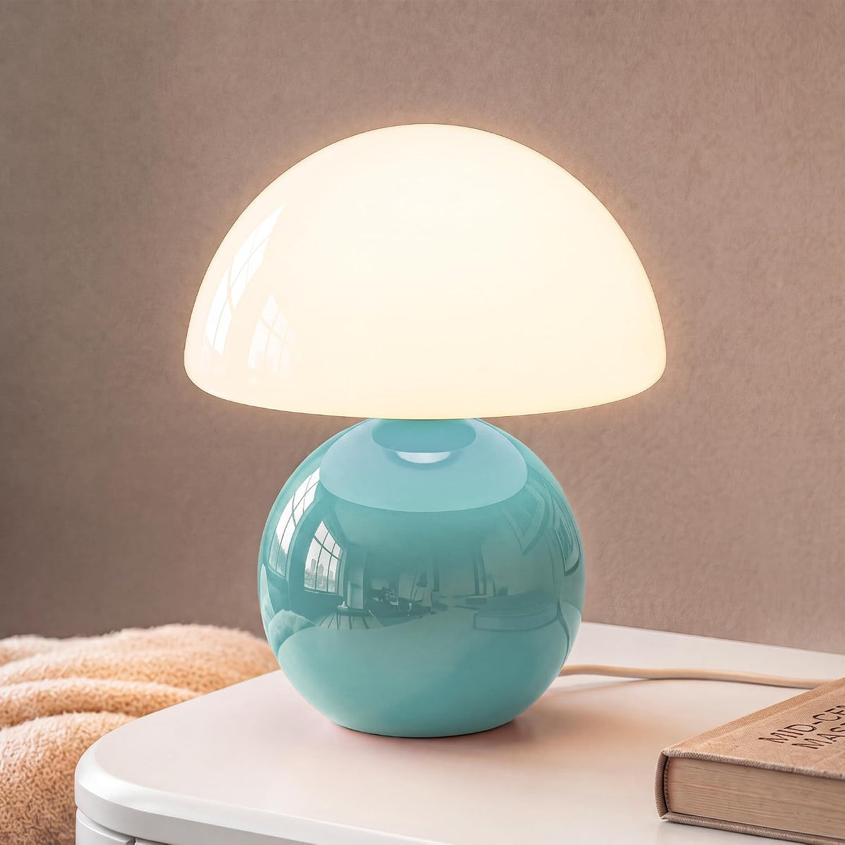 Mushroom Table Lamp for Bedroom, White Ceramic & Glass Shade, 8.7" Mid-Century Modern Decor