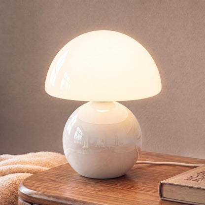 Mushroom Table Lamp for Bedroom, White Ceramic & Glass Shade, 8.7" Mid-Century Modern Decor