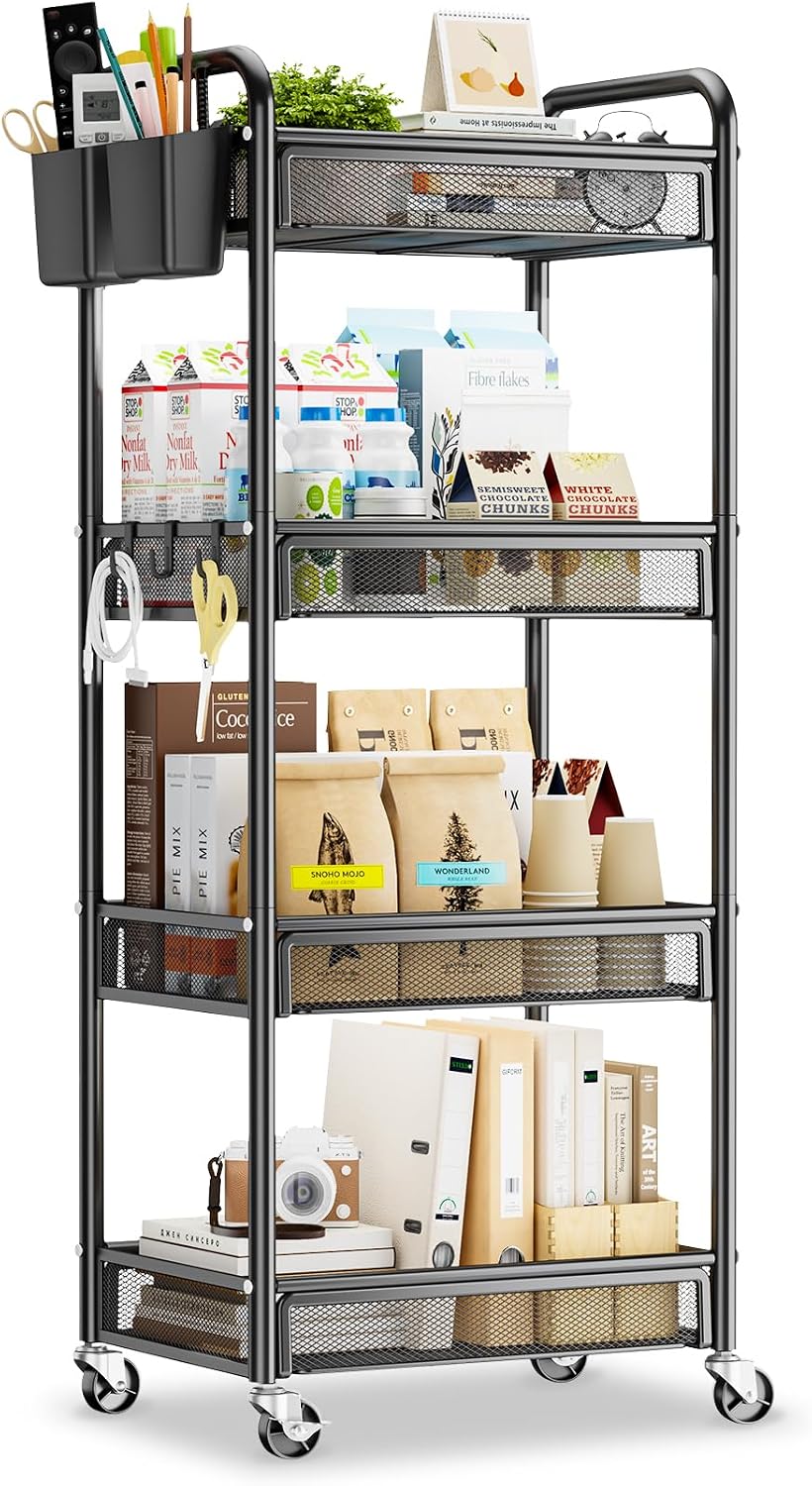 3-Tier Metal Rolling Cart – Mesh Storage with Wheels, Hooks & Cups