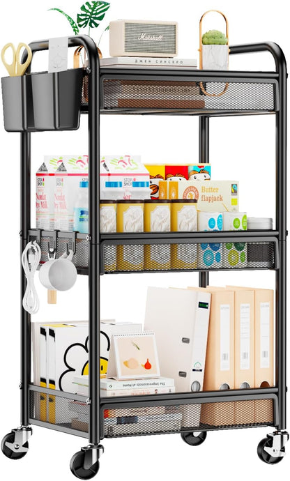3-Tier Metal Rolling Cart – Mesh Storage with Wheels, Hooks & Cups