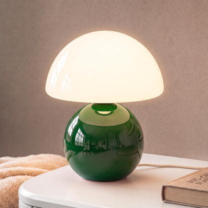 Mushroom Table Lamp for Bedroom, White Ceramic & Glass Shade, 8.7" Mid-Century Modern Decor