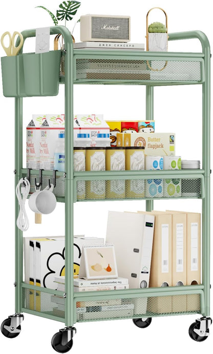 3-Tier Metal Rolling Cart – Mesh Storage with Wheels, Hooks & Cups
