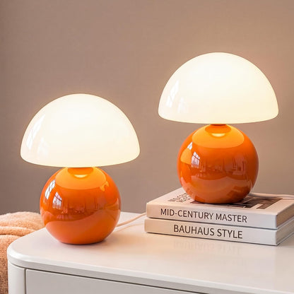 Mushroom Table Lamp for Bedroom, White Ceramic & Glass Shade, 8.7" Mid-Century Modern Decor