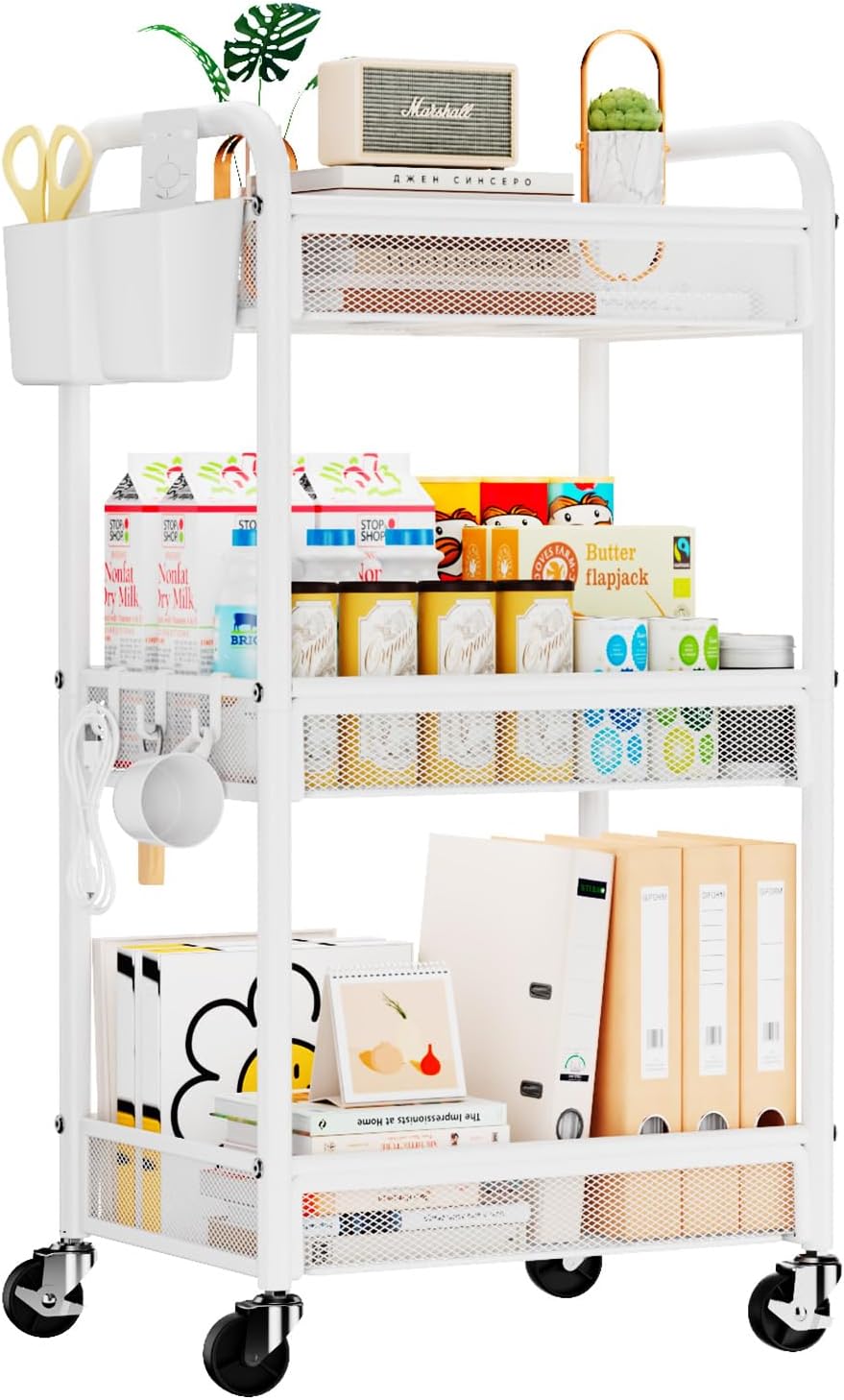 3-Tier Metal Rolling Cart – Mesh Storage with Wheels, Hooks & Cups