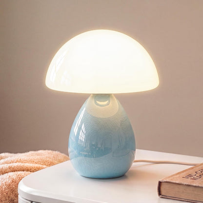 Mushroom Table Lamp for Bedroom, White Ceramic & Glass Shade, 8.7" Mid-Century Modern Decor
