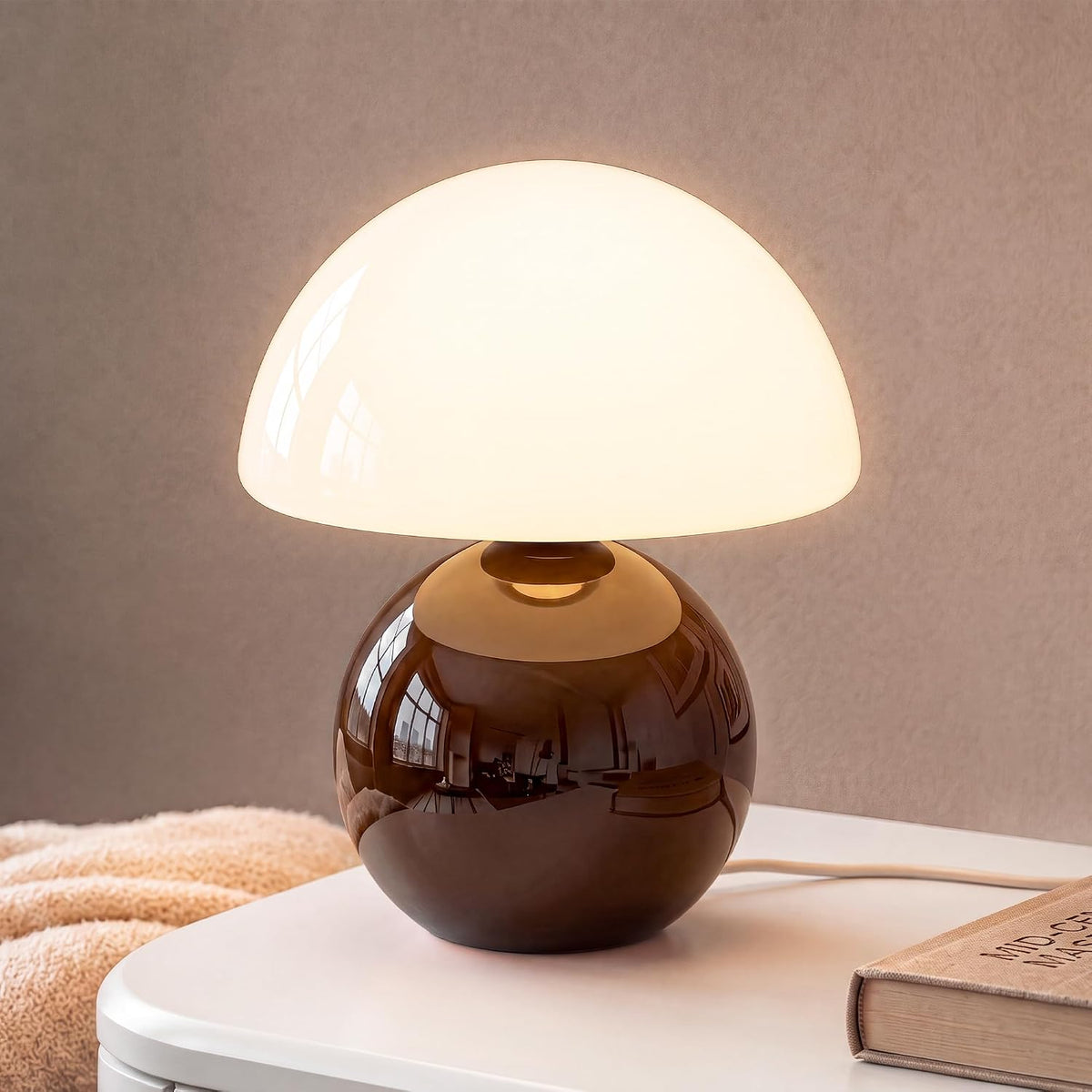 Mushroom Table Lamp for Bedroom, White Ceramic & Glass Shade, 8.7" Mid-Century Modern Decor