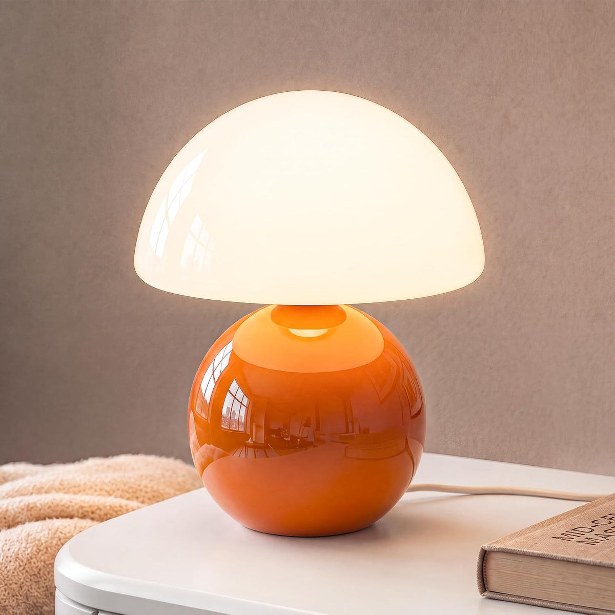 Mushroom Table Lamp for Bedroom, White Ceramic & Glass Shade, 8.7" Mid-Century Modern Decor